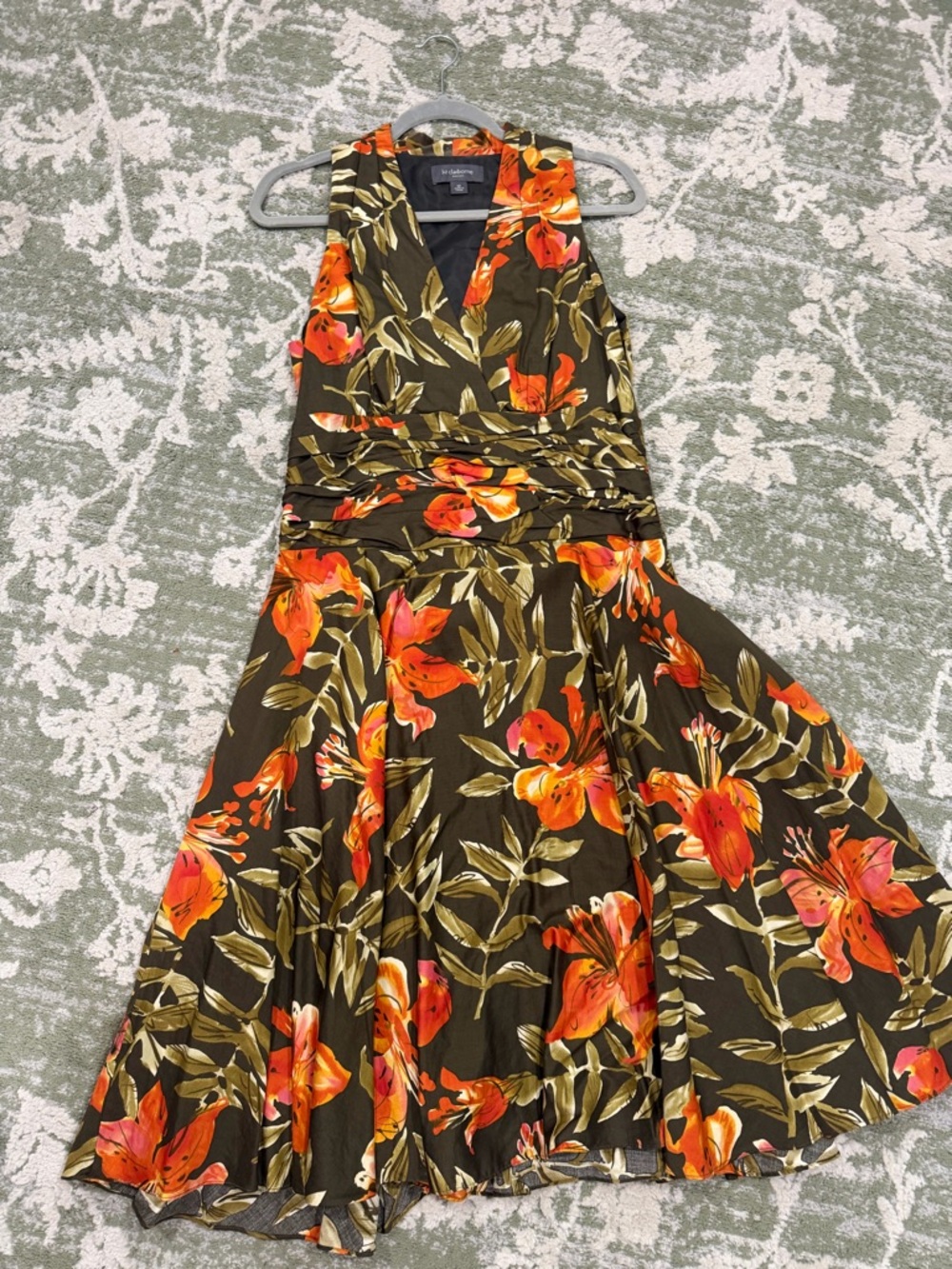 Liz Claiborne Olive Midi Dress with Orange Floral Print
